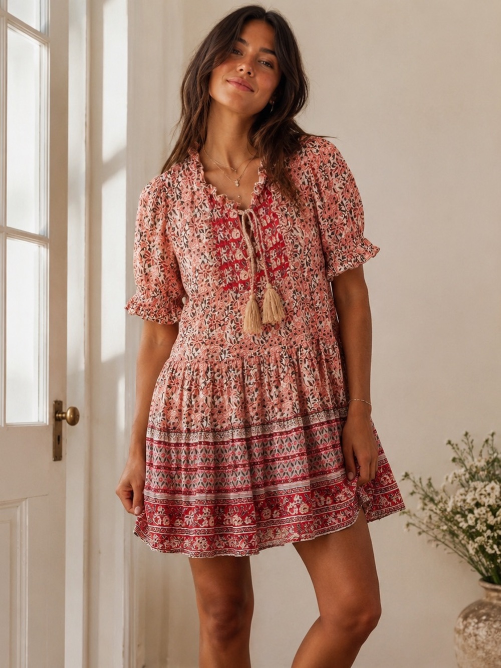 Sundance Cotton Floral Boho Tassel Ruffle Border Print Mini Dress Cottagecore